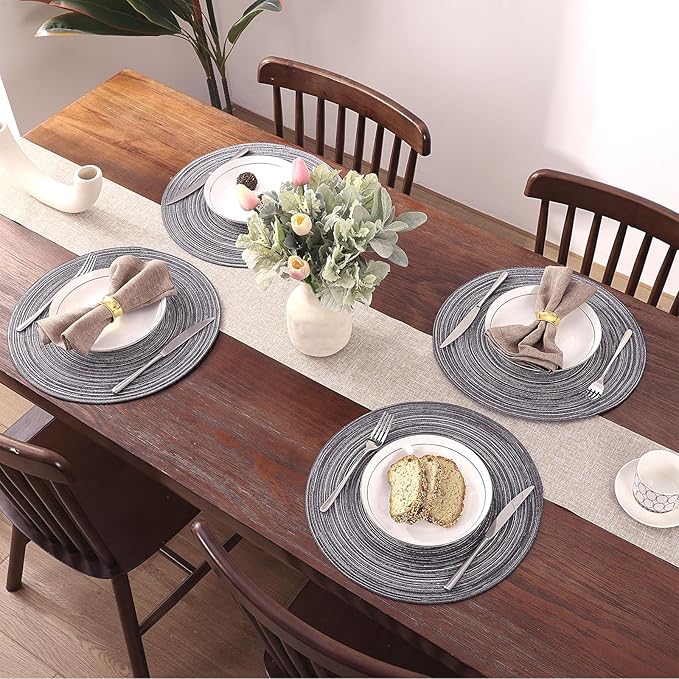 SHACOS Round Braided Placemats Set of 6 Round Table Mats 15 inch Cotton Washable for Holiday Party (Black Grey, 6)