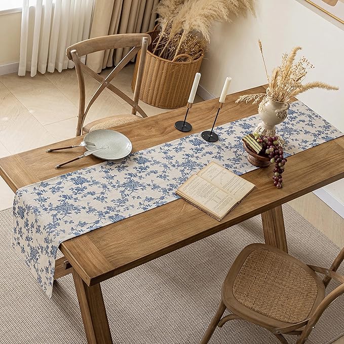 Pastoral Table Runner - 14 x 36 Inch Rectangle - Washable Tabletop with Dust-Proof Wrinkle Resistant for Restaurant, Picnic, Indoor and Outdoor Dining, Floral (Dark Blue)