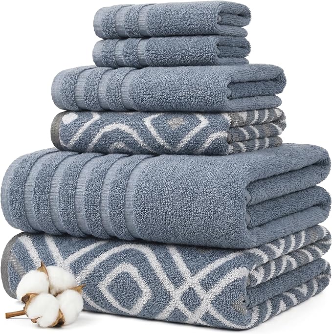 Modern Threads Classic Diamond 6-Piece 100% Cotton Towel Set – Yarn Dyed Jacquard – Includes 2 Bath Towels, 2 Hand Towels, 2 Washcloths – Absorbent, Quick Dry, Soft & Durable – Blue