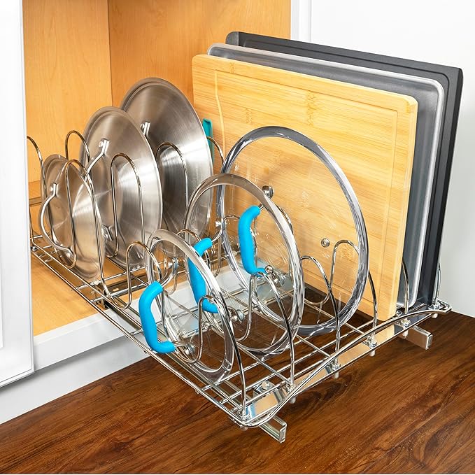 LYNK PROFESSIONAL® Pull Out Pot and Pan Lid Organizer Inside Cabinet - Lifetime Ltd. Warranty – Cookie Sheet Organizer for Cabinet – Slide Out Baking Sheet Organizer - 14W x 21D, Extra-Large, Chrome