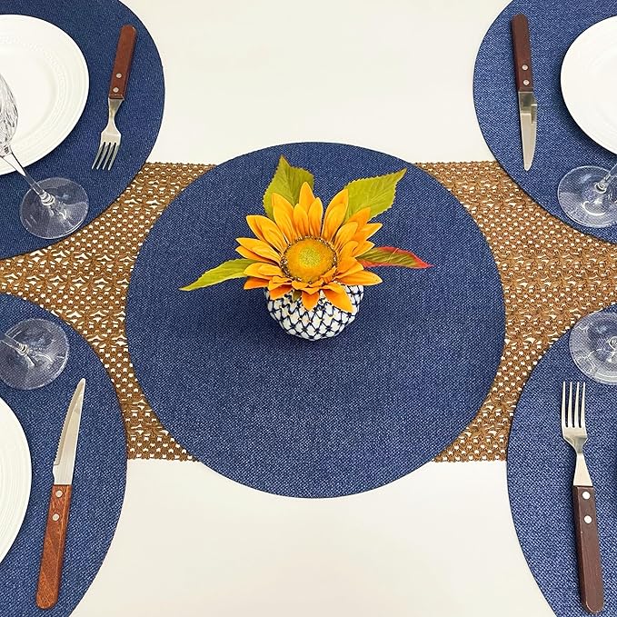 SLOW COW Linen Round Placemats for Dining Table Place Mats 15 inch Washable Set of 4 Dark Denim