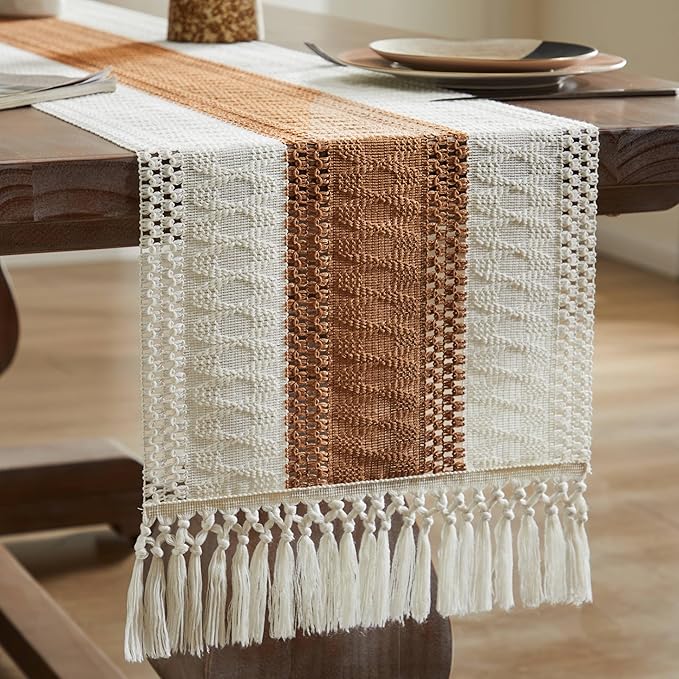 ZeeMart Macrame Style Bicolor Stitching Table Runner, 14 x 90 Inch Caramel/Ivory, Boho Caramel Table Runners 90 Inches Long, Farmhouse Woven Home Decor