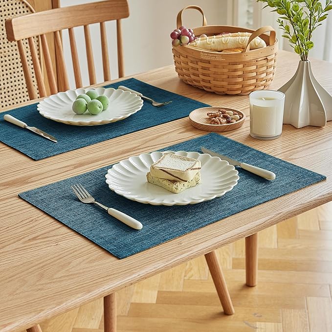 Softalker Faux Linen Placemats Set of 12-12 x 18 Inch, Heat Resistant Double Layered Durable Burlap Farmhouse Place Mats, Non-Slip Washable Rustic Table Mats for Dining, Kitchen, Party（Navy Blue