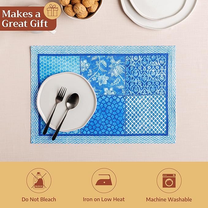 Maison d' Hermine Placemats Set of 4 100% Cotton Washable Cloth Place Mats Reusable Table Mats for Kitchen Dining Party Wedding Gifts for Mothers Day Spring/Summer (Indigo Love, 13" x 19")