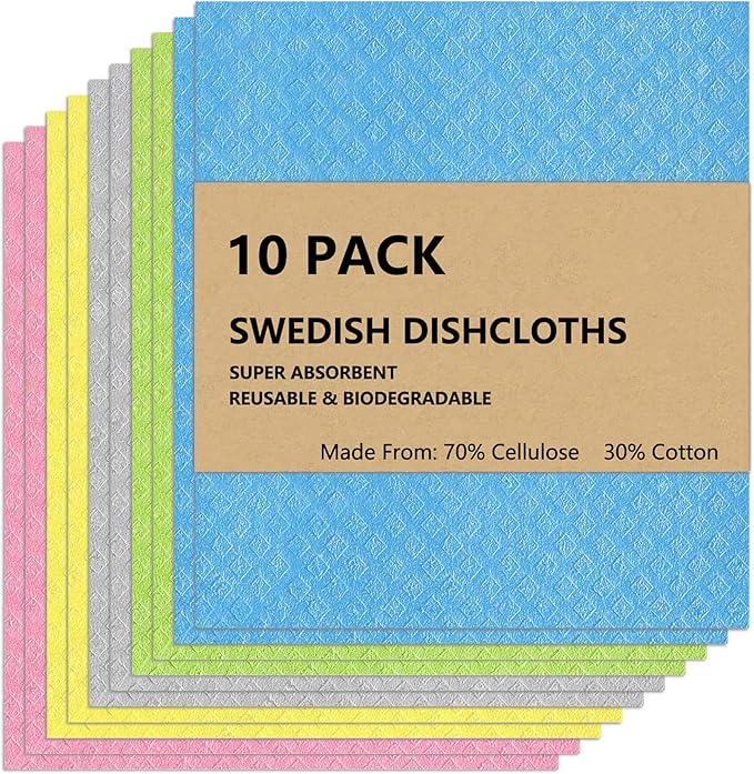 Swedish Dish Cloths 10 Pack - Ultra Absorbent Reusable Cellulose Sponge Cloths | Eco-Friendly Kitchen Towels for Dishes, Countertops & Cleaning | Fast-Drying, Biodegradable (Assorted Colors)