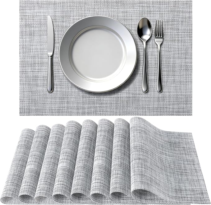 Timeet Placemats Set of 8, Heat Resistant Non-Slip Place Mats for Dining Table, Durable Washable PVC Vinyl Woven Table Mats, Linen Textured Placemats for Kitchen Resistant Easy to Clean(Gray