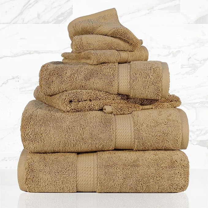 SUPERIOR Egyptian Cotton Pile 6 Piece Towel Set, Includes 2 Bath, 2 Hand, 2 Face Towels/Washcloths, Ultra Soft Luxury Towels, Thick Plush Essentials, Guest Bath, Spa, Hotel Bathroom, Toast