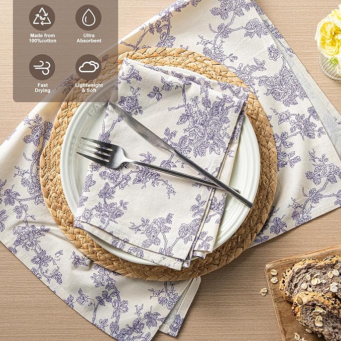 100% Cotton French Pastoral Kitchen Towels Set of 2, Decorative Flour Sack Tea Towels with Hanging Loop 18x25 Inch Absorbent Dish Cloths Farmhouse Home Decor, Purple