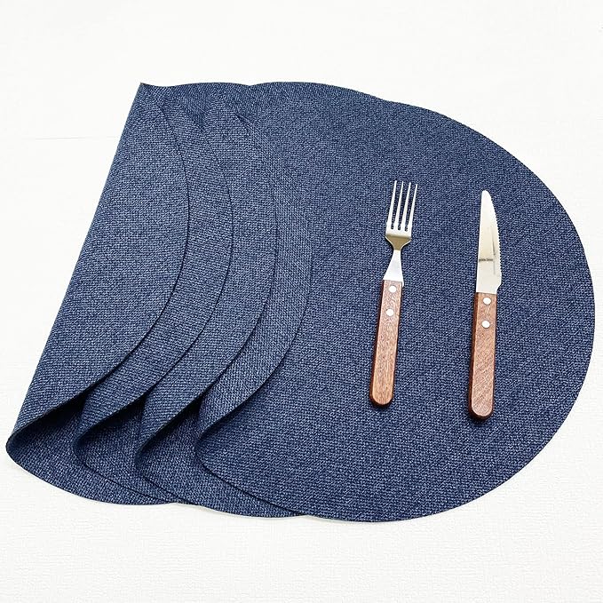 SLOW COW Linen Round Placemats for Dining Table Place Mats 15 inch Washable Set of 4 Dark Denim