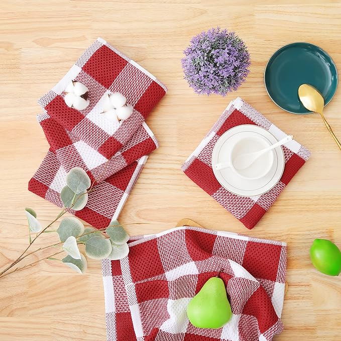 Homaxy 100% Cotton Waffle Weave Check Plaid Dish Cloths, 12 x 12 Inches, Super Soft and Absorbent Dish Towels Quick Drying Dish Rags, 6-Pack, White & Red