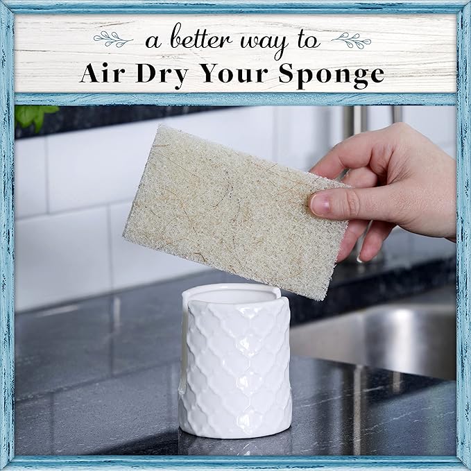 Home Acre Designs Sponge Holder for Kitchen Sink - Rustic Farmhouse Home Kitchen Decor - White Ceramic