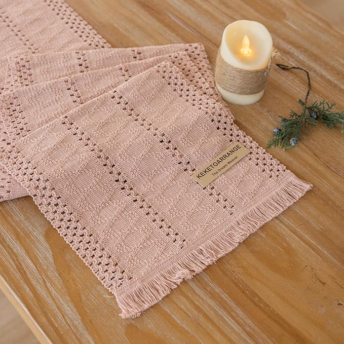 Keketoarrange Boho Pink Table Runner for Spring Decorations 12x48 Inches Farmhouse Small Macrame Woven Burlap Jute Rustic Coffee Table Runner Dresser Scarf Dining Kitchen Centerpiece Bohemian Decor
