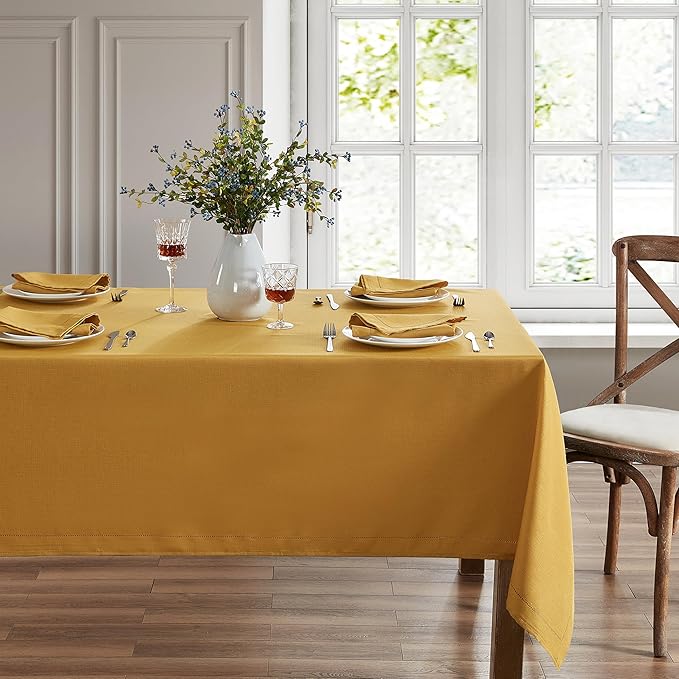 Elrene Home Fashions Alison Eyelet Border Design Wrinkle Resistant Fabric Tablecloth, 52"x70" Rectangle, Golden Yellow