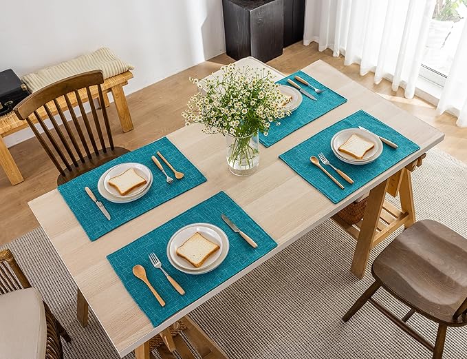 Kevin Textile Set of 4 Placemats Heat Resistant Dining Table Place Mats Kitchen Table Mats, Peacock Blue, 13"x19"