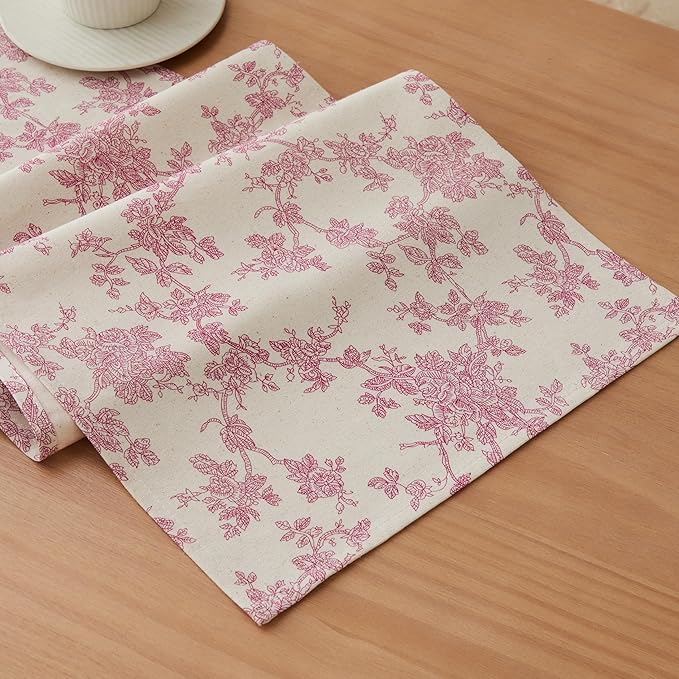 100% Cotton French Pastoral Table Runners, 13x108 Inch Pink Farmhouse Table Runners 108 Inches Long, Vintage Flowers Print Home Decors