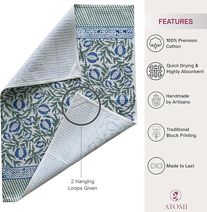 ATOSII 100% Cotton Hand Block Print Waffle Kitchen Towel, Set of 3, 18 x 26 Inches Ultra Absorbent Quick Dry Dish Towels, Lightweight Reusable Sustainable Tea Towels for Cleaning and Drying, Anar Blue