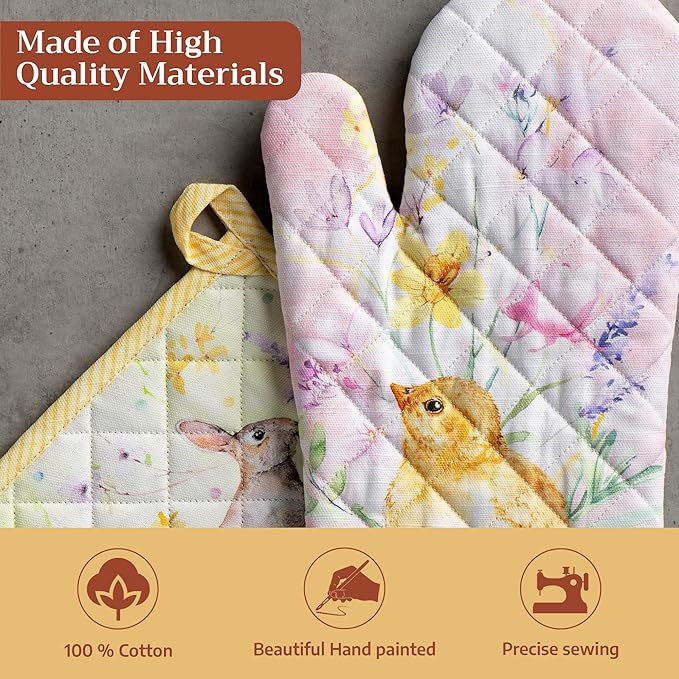 Maison d' Hermine 100% Cotton Oven Mitt & Pot Holder Set (7.5"x13" & 8"x8") Heat Resistant BBQ Cooking Gloves with Loop Baking Grilling Kitchen Gifts for Mothers Day Spring/Summer (Easter Zest)