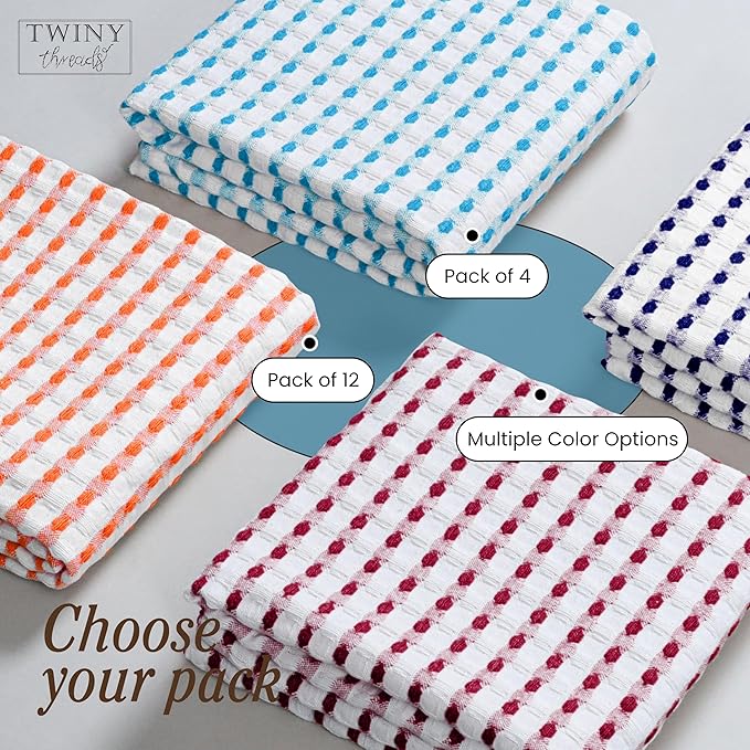 TWINY threads Multi Colors White Waffle Towels 4 Pack, 16x26 Inches Absorbent Waffle Weave Kitchen Dish Cloth Set, Durable & Machine Washable Tea Towel, Turquiose Blue, Orange, Burgundy, Indigo Blue