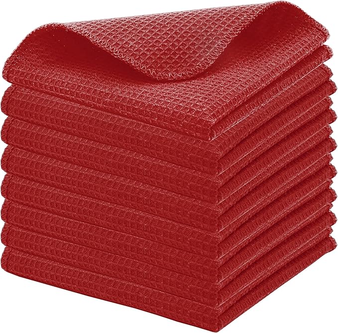 PurpleEssences Dish Cloths and Dish Rags - 8 Pack Waffle Weave Solid Kitchen Dish Wash Cloths, 100% Cotton, 12x12 Inches, Ultra Soft Absorbent Quick Drying - Spring Easter Summer - Red