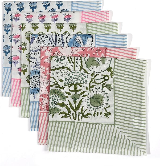 CPC Stripe Border Indian Block Print Cotton Cloth Napkins Set of 4, 18x18 Reusable Everyday Napkins, Soft, Absorbent, Floral Dinner Napkin, Holiday, Party Gift, Spring,Mother's Day