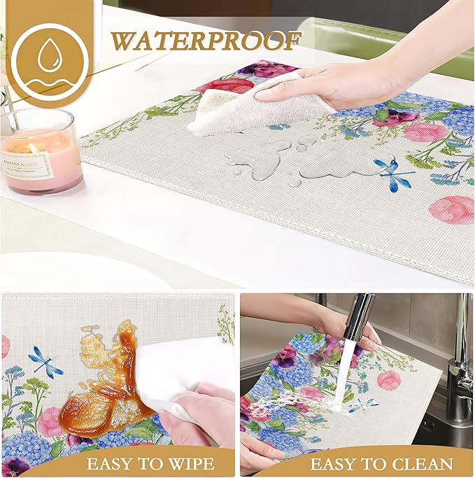 Vintage Floral Botanical Butterfly Placemats Set of 6, 12x18 Inch Waterproof Stain Resistant Linen Table Placemats Summer Seasonal Farmhouse Kitchen Party Decor Home Decor