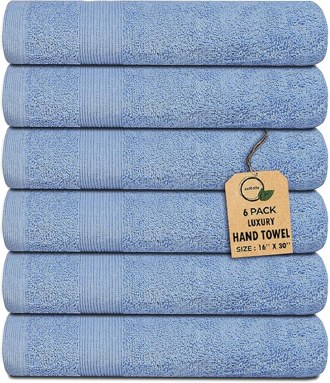 Premium Hand Towels Pack of 6 (16" x 30”) 100% Combed Ring Spun Cotton | Highly Absorbent Hand Towels Set | Ultra Soft for Home, Gym & Spa (Sky Blue)