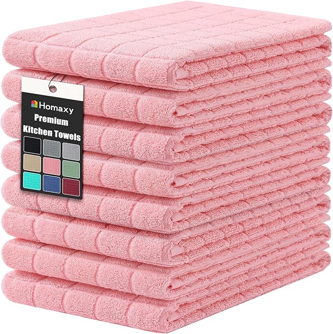 Homaxy Premium Cotton Kitchen Towels 16"x 28", Large Natural Ring Spun 390 GSM Dish Towels, Super Absorbent Terry Kitchen Hand Towels, Soft Tea Towels with Hanging Loop, Pure Pink Design, 8 Pack