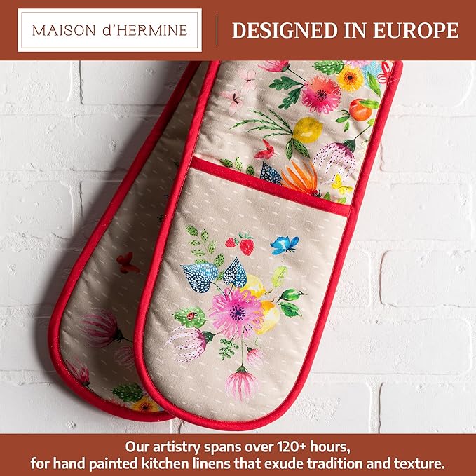 Maison d' Hermine Double Oven Mitts 100% Cotton 7"x35" Double Oven Mitt Heat Resistant BBQ Cooking Gloves with Loop Baking Grilling Gifts for Mothers Day Spring Summer (Jardin D'Ete - Fog)