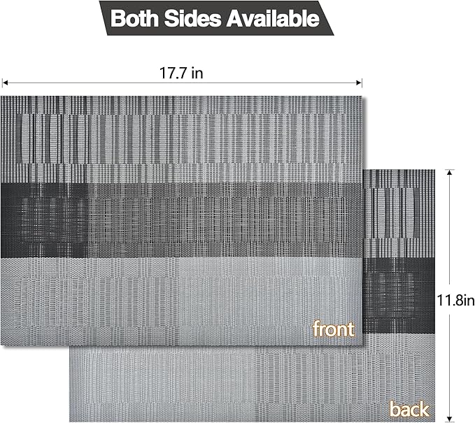 SLKQG Placemats Set of 6 - Easy Clean Washable Vinyl Placemats - Heat Resistant PVC Place Mats for Dining Table (Black and Gray, 6)