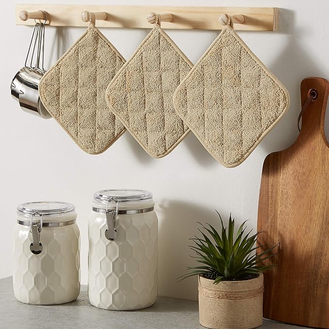 DII Basic Terry Collection Quilted 100% Cotton, Potholder, Pebble, 3 Piece