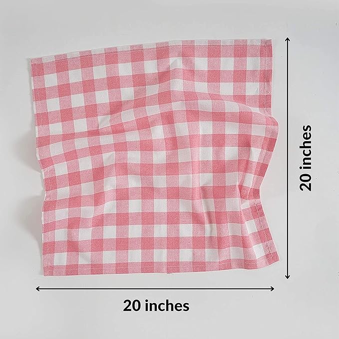 FINGERCRAFT Cloth Napkins, Everyday Use, Premium Quality, Cotton Buffalo Plaid, Set of 12, 20X20 Inch Oversized Napkins Cloth Mitered Corners, Soft, Durable Hotel Quality Pink White Checkered