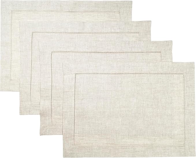 D'Moksha Homes Light Natural Linen Cloth Placemats Set of 4-100% Pure Linen Hemstitch Placemats 14 x 19 Inch - Classic Hemstitch Table Place Mats for Mothers Day - Machine Washable