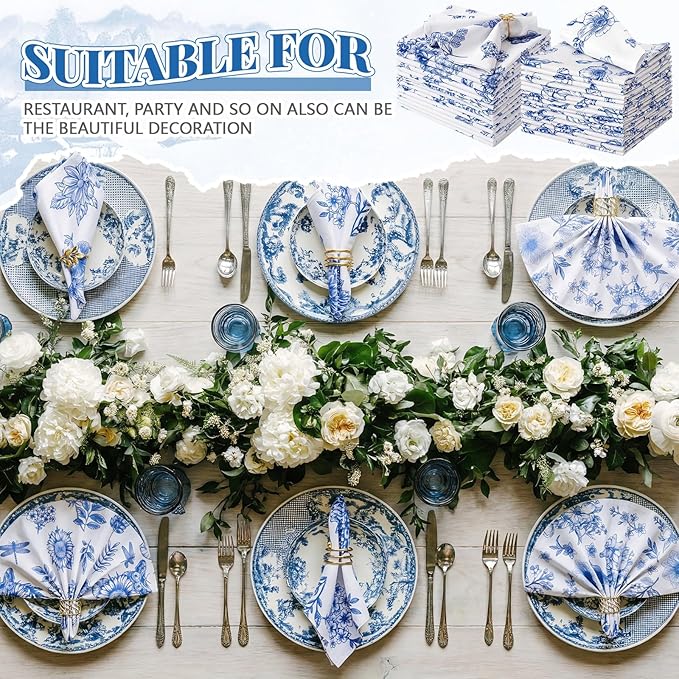 Nuogo 36 Sets Chinoiserie Blue and White Cloth Napkins 15" x 15" Oriental Blue and White Dinner Napkins Reusable Cloth Hand Towels for Guest Chinese Style Wedding Dinner Table Decor