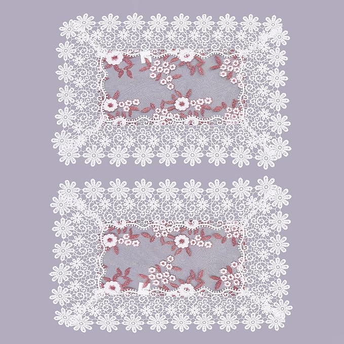 White Dark Red Silver Floral Lace Placemats 14”x20” Set of 2, Table Topper Dresser Scarf Place Mats (Set of 2, White & Dark Red)