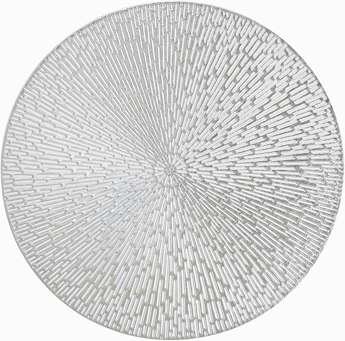 Snowkingdom Silver Round Placemats Set of 6, 15 Inch Metallic Pressed Vinyl Place Mats, Easy Clean Non Slip Heat Resistant Washable PVC Hollow Out Table Mats for Dinner Party Table Decoration