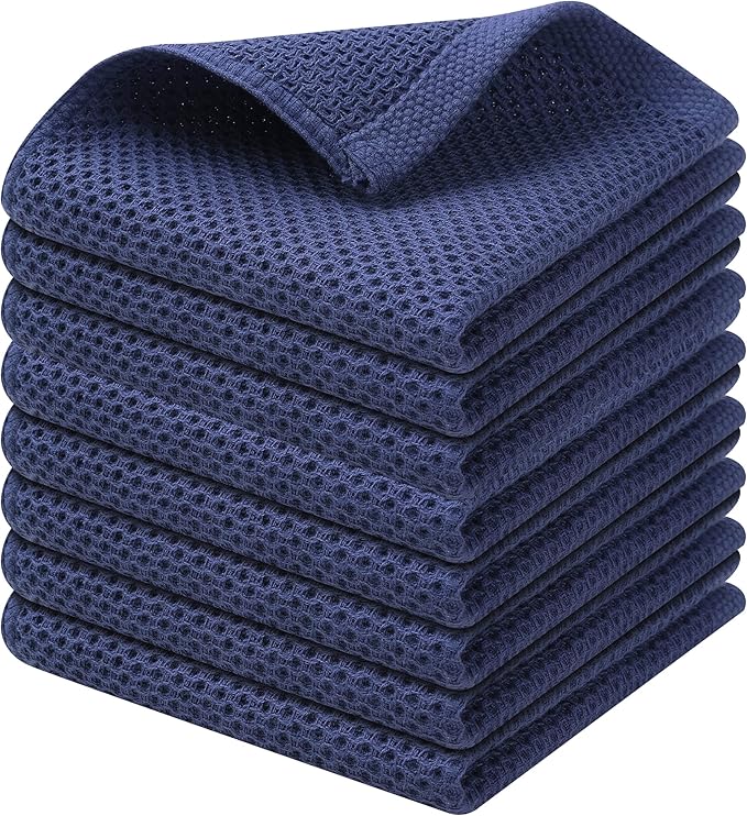 Kitinjoy 100% Cotton Kitchen Dish Cloths (12 X 12 Inches, Navy Blue), 8 Pack Waffle Weave Ultra Soft Absorbent Dish Towels for Drying Dishes Quick Drying Kitchen Towels Dish Rags