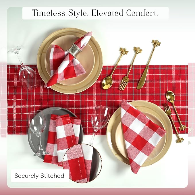 Buffalo Plaid Cloth Napkins, Set of 4, Soft, Absorbent, Durable, Reusable Fabric Napkins, Check Napkins for Dinner, Wedding, Restaurant, Buffet, Party, Christmas - Red White (16"x16")