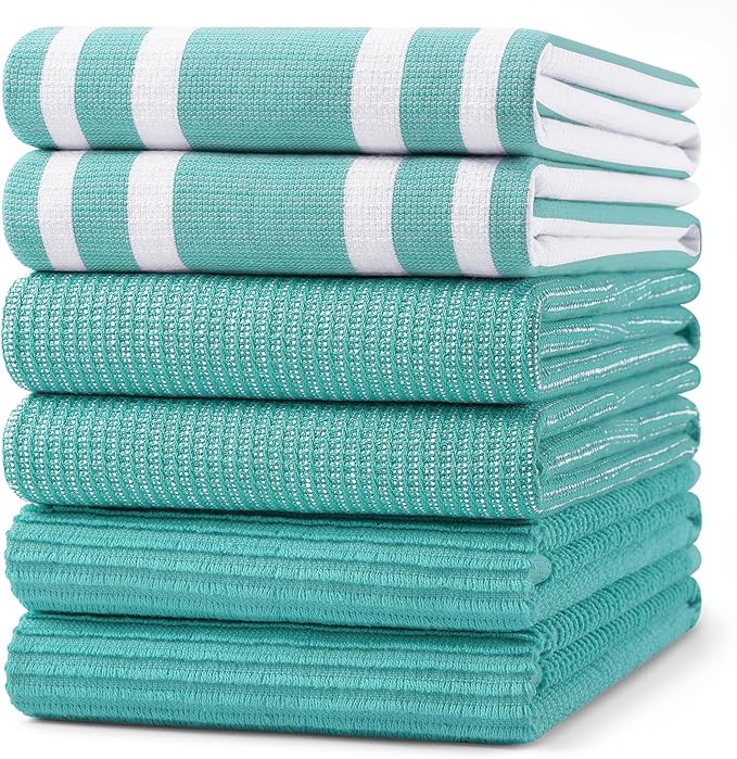 Homaxy Premium Kitchen Towels(18”x 28”, 6 Pack), Large Cotton 380 GSM Kitchen Hand Towels, Soft and Absorbent Terry Dish Towels, Multipurpose Tea Towel Set with Hanging Loop, Teal
