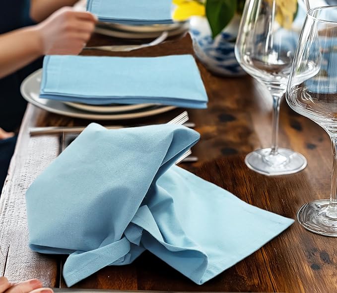 COTTON CRAFT Easter Cloth Napkins - Set of 8 Soft 100% Cotton Napkins - Reusable Lunch Brunch Dinner Napkins - Spring Summer Table Decor - Machine Washable - 17 x 17 inches - Serenity Blue
