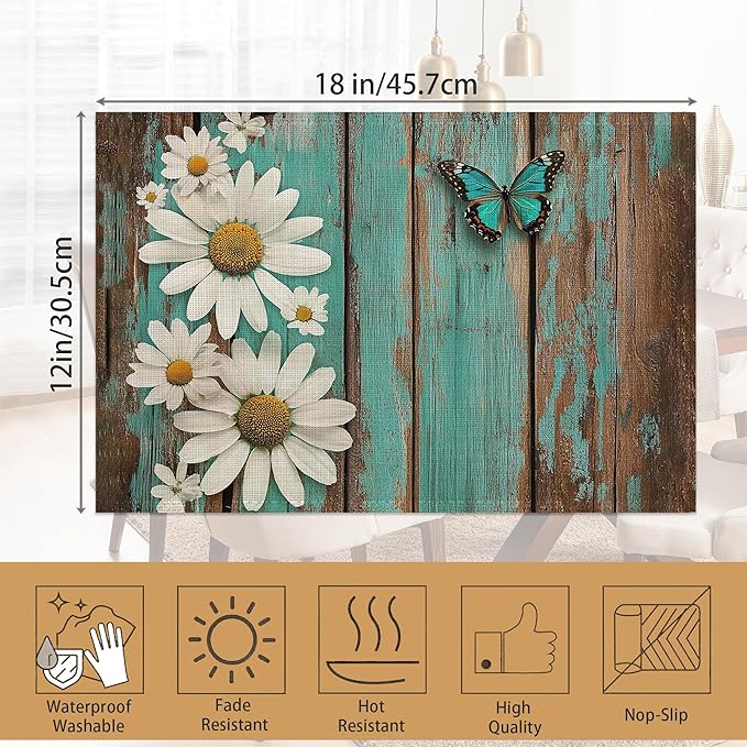 Placemats Set of 6,White Daisy Table Mats, Vintage Wood Washable Linen Table Mats,Non-Slip Heat Resistant Placemats for Party Kitchen Dining Indoor Outdoor 12"x18"