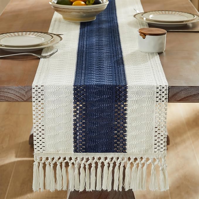 ZeeMart Macrame Style Bicolor Stitching Table Runner, 14 x 36 Inch Navy Blue/Ivory, Boho Navy Table Runners 36 Inches Long, Farmhouse Woven Home Decor