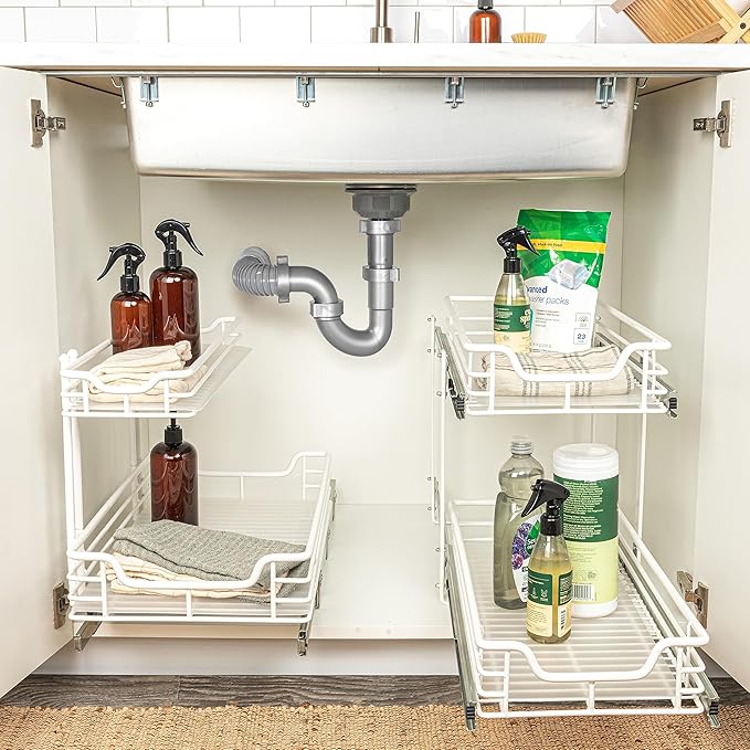 Household Essentials Glidez Multipurpose Powder-Coated Steel Pull-Out/Slide-Out Storage Organizer with Plastic Liners 2-Tier Dual-Slide Design, White