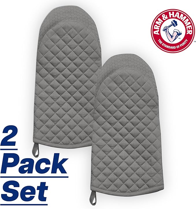 Arm & Hammer Quilted Oven Mitts, Heat Resistant, Non-Slip Silicone Grip, 2 Pack, Grey