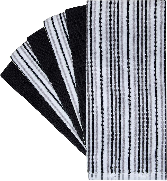 Popcorn Stripe Cotton Kitchen Towels - 6 Pack | 16'x26' | Highly Absorbent 400 GSM | Black