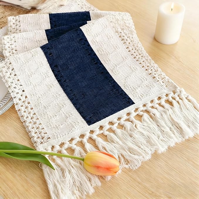 Boho Table Runner for Home Decor with Tassels 72 Inches Long Farmhouse Rustic Navy Blue Table Runner Macrame Burlap Table Decoration for Living Room Bridal Shower(12x72in)