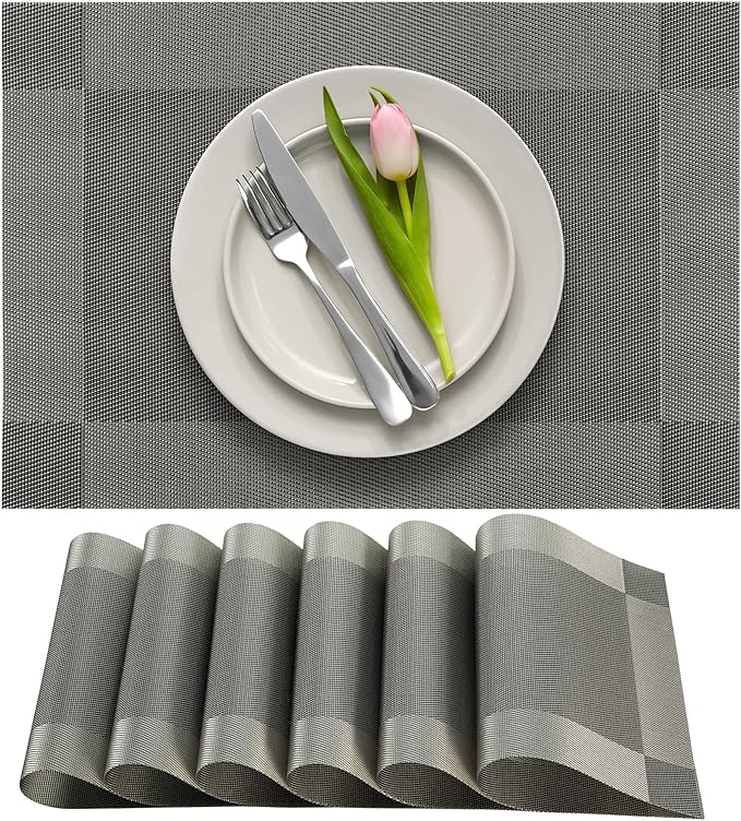 More Décor Dining Table Placemats, Washable Heat-Resistant PVC Vinyl Table Mats for Dining Room and Kitchen, Anti-Slip - Set of 4 - Grey