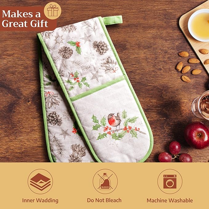 Maison d' Hermine Double Oven Mitt (7" x 35") 100% Cotton Heat Resistant BBQ Cooking Gloves with Loop for Thanksgiving Christmas Decorations Baking Cooking Barbeque Handling Hot Pan (Christmas Dew)