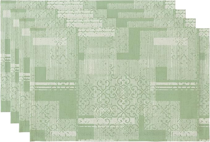 LilyCat Linen Fabric Floral Placemats, Green Stripes Durable Boho Dining Table Mats for Kitchen, Rustic Vintage Washable Place Mats Set of 4, 18’’× 12’’