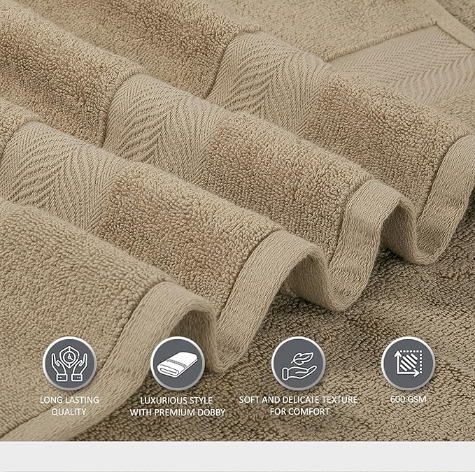 Oakias Premium Towel Set 600 GSM 8 Piece Beige - 100% Ring Spun Cotton Highly Absorbent Towels Set - Super Soft Bathroom Towel Set - Hotel Quality Double Stitched Hem - Ideal for Hotels, Spa, Gyms