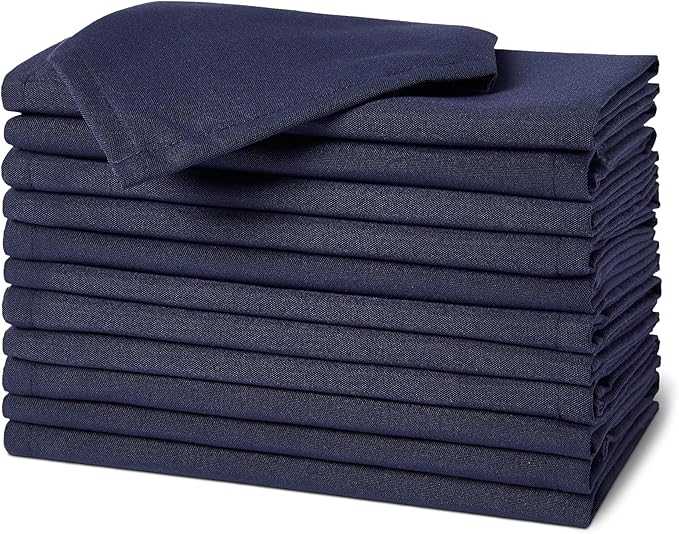 Amazon Basics Reusable Stain and Wrinkle Resistant Cloth Napkins, 100% Recycled Polyester, Machine Washable, 17 x 17 inches, Blue, 12-Pack